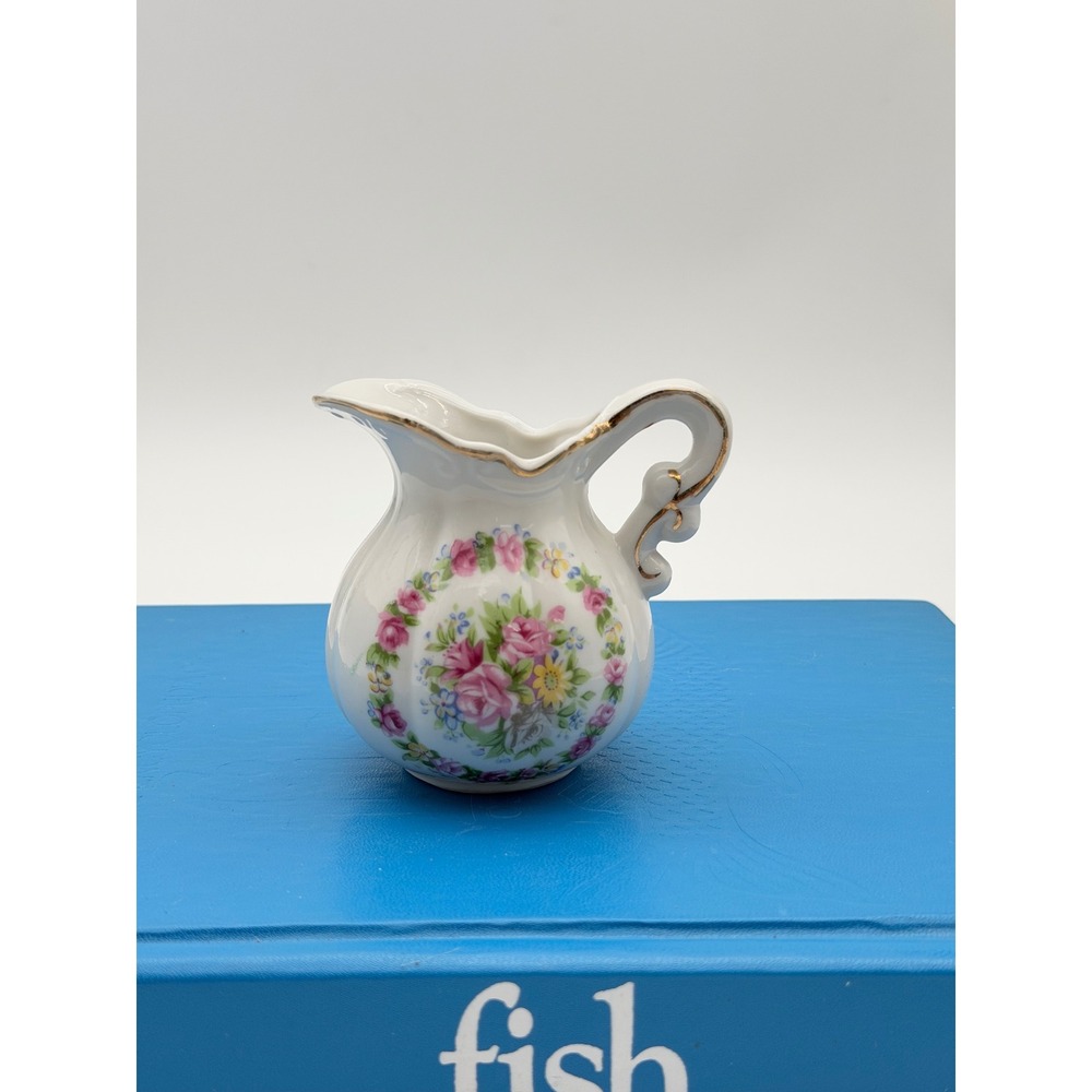Vintage Floral Porcelain Mini‎ Pitcher Creamer Gold Trim Pink Rose White